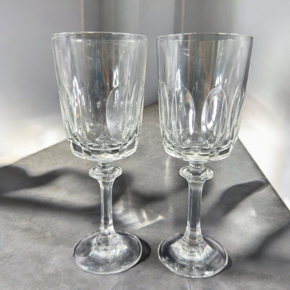 Tiffin Franciscan Atwater Stem Goblet Clear Crystal Heavy Cups Glasses Set 2 VTG